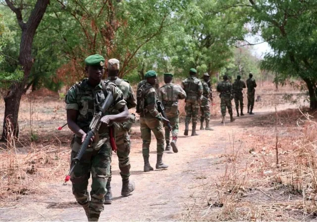 Des soldats sénégalais marchent en patrouille sur une piste entre les arbres