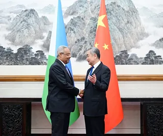 Les chefs de la diplomatie chinoise et djiboutienne se serrent la main devant les drapeaux des deux pays
