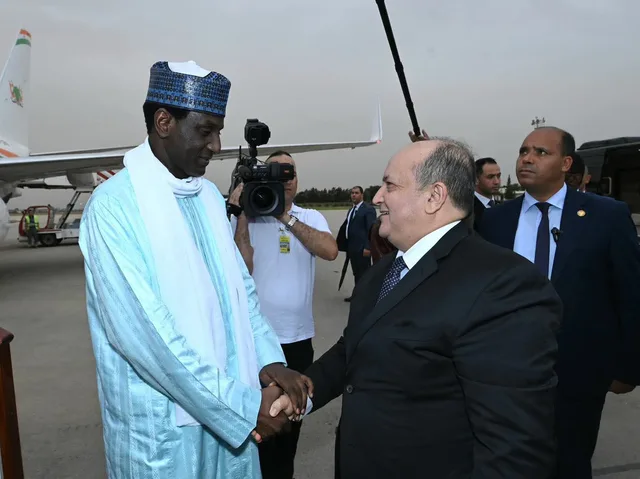 Le Premier ministre nigérien serre la main d'un responsable algérien à l'aéroport d'Alger