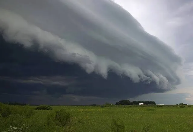 Un épais nuage d'orage au-dessus d'une prairie verte