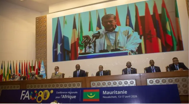La salle d'une conférence régionale de la FAO à Nouakchott avec des drapeaux et un grand écran