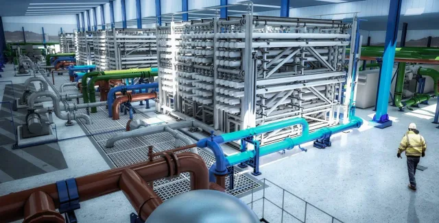 Rendu numérique de conduites colorées et d'unités de traitement dans une usine de dessalement, image d'illustration