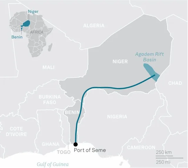 Carte du Niger montrant le bassin pétrolier d'Agadem et l'oléoduc vers le port de Sèmè au Bénin