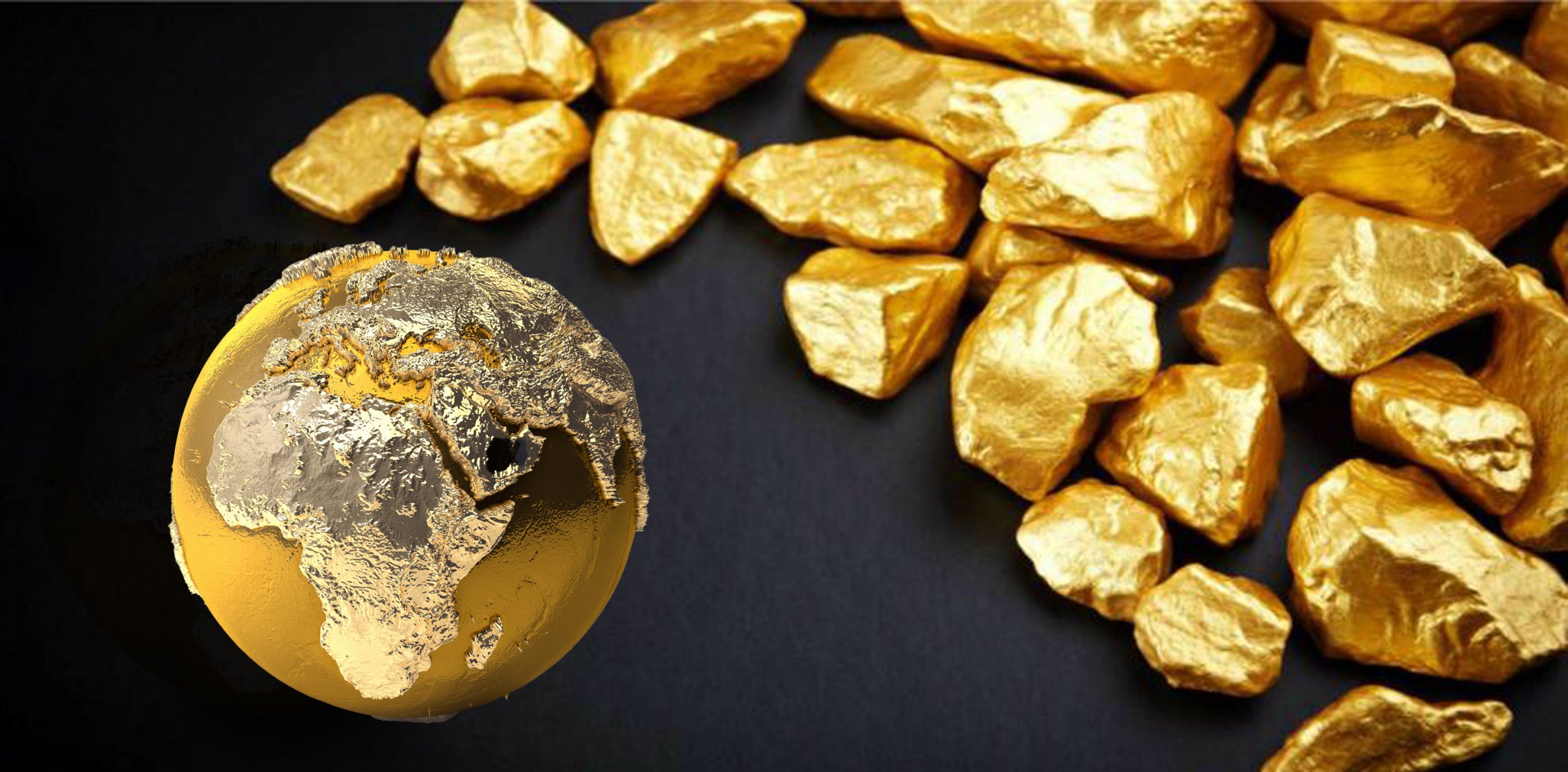 Des pépites d'or sur fond noir à côté d'un globe terrestre doré, illustration d'archives