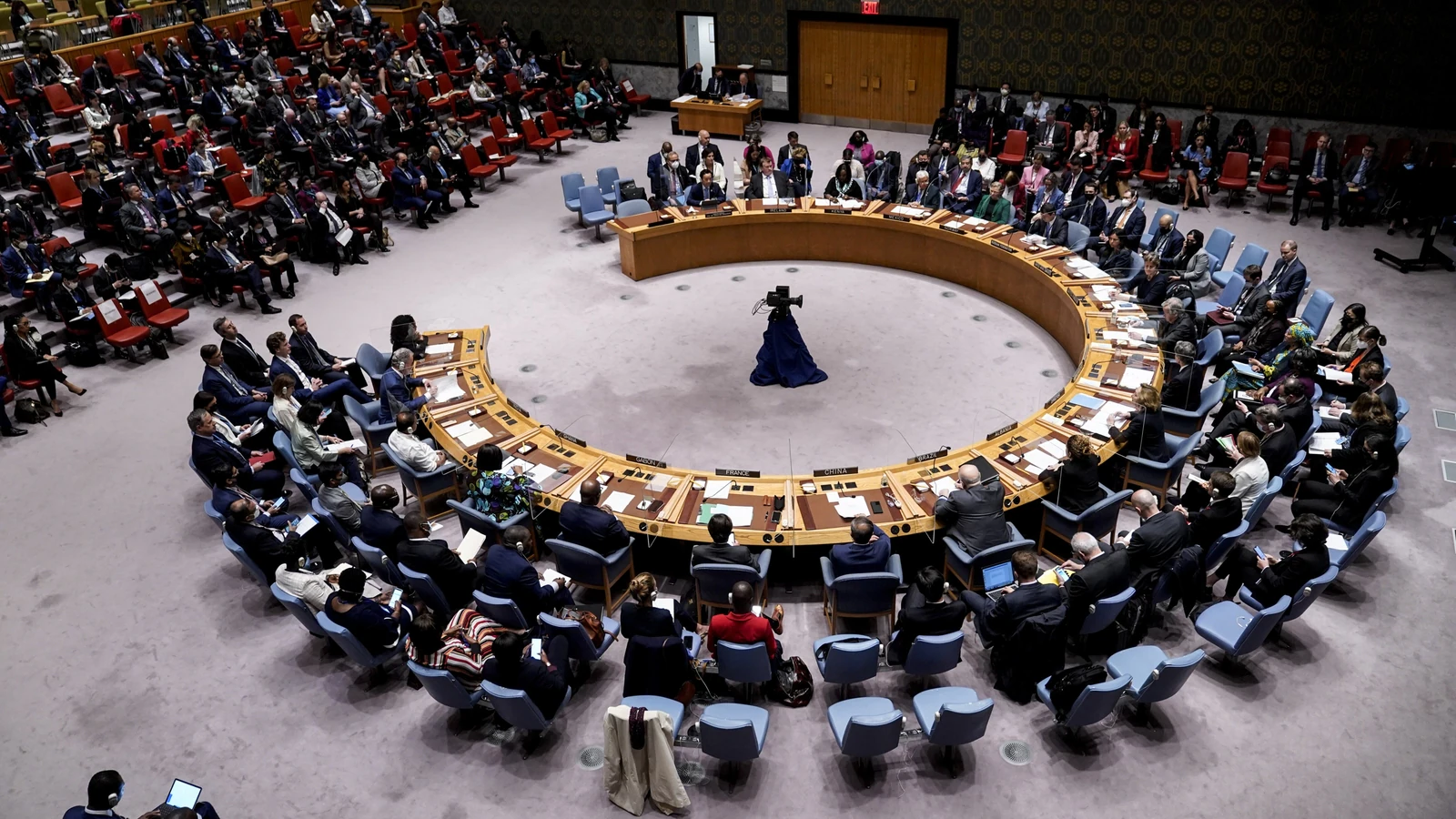 La salle du Conseil de sécurité de l'ONU à New York lors d'une séance officielle