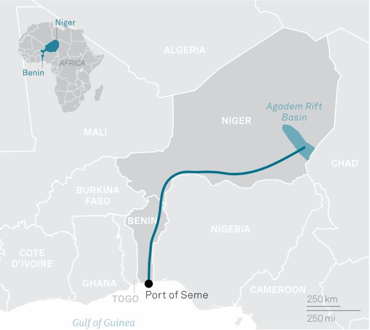 Carte du Niger montrant le bassin pétrolier d'Agadem et l'oléoduc vers le port de Sèmè au Bénin