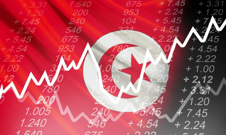 Courbe ascendante sur fond de drapeau tunisien et de chiffres financiers, image d'illustration
