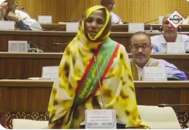 Une députée portant l'écharpe parlementaire prend la parole à l'Assemblée nationale