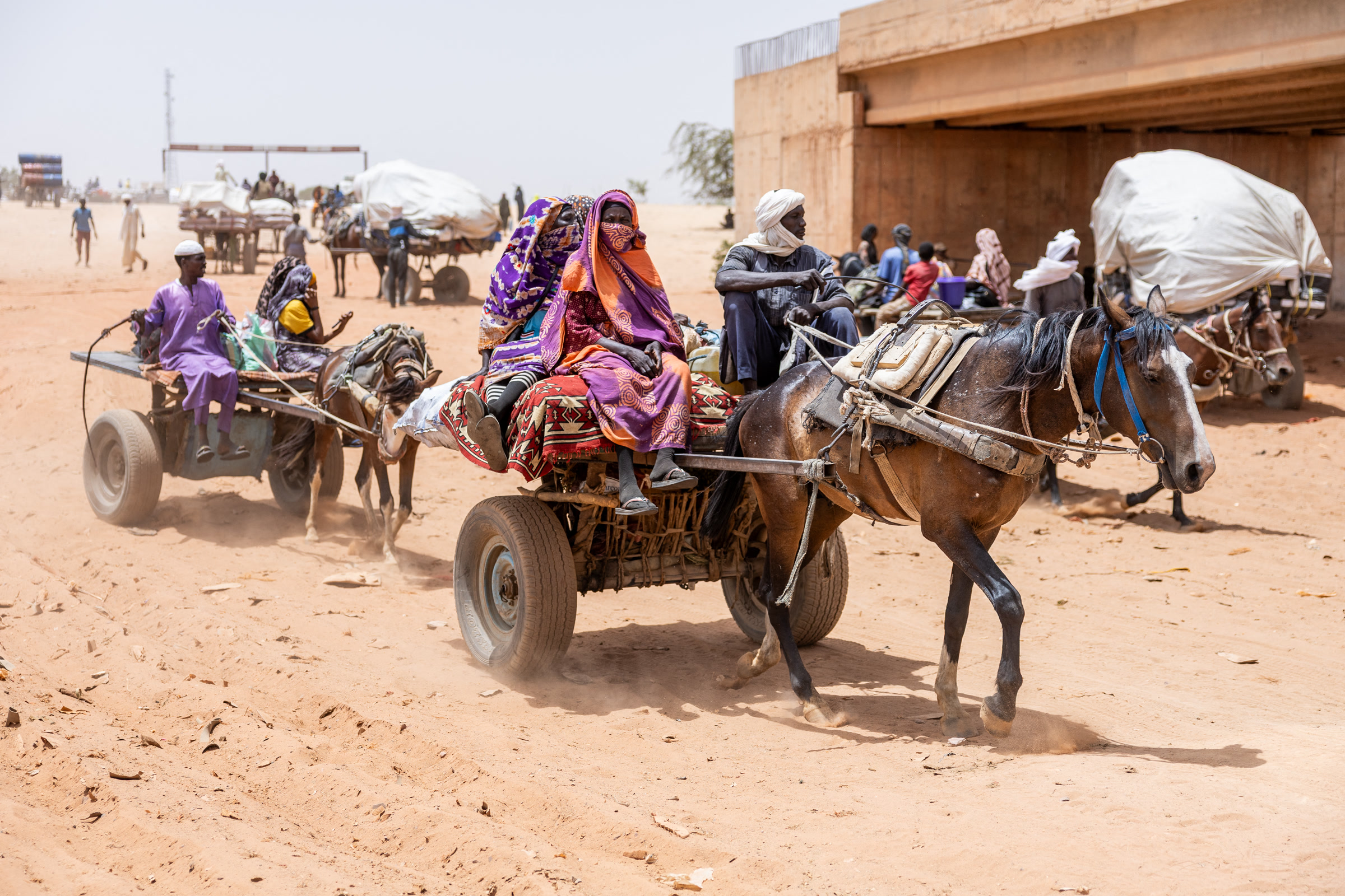 Des déplacés soudanais, dont des femmes, sur des charrettes tirées par des chevaux chargées de bagages sur une piste sablonneuse, photo d'archives